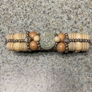 Vintage Boho Beaded Hair Barrette 3.5” Bone Wood Silver Tone Clip